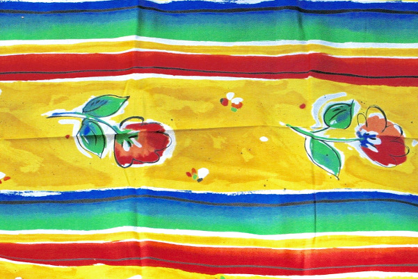 Retrotyg – Regnbågsfärger med tulpaner tryckt bomullstyg detalj