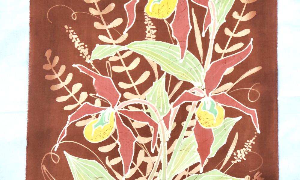 Bilden visar Retro bonad batik orkidé – Gucksko Cypripedium detalj